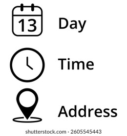 Icons for date, time and location of event, leaked and isolated on transparent background for websites and graphic resources, day 13.