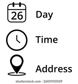Icons for date, time and location of event, leaked and isolated on transparent background for websites and graphic resources, day 26.