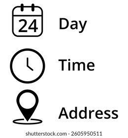 Icons for date, time and location of event, leaked and isolated on transparent background for websites and graphic resources, day 24.