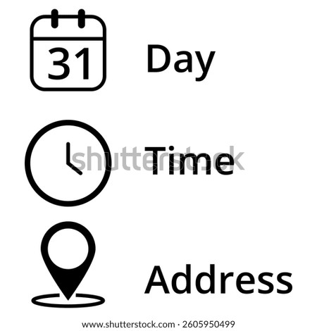 Icons for date, time and location of event, leaked and isolated on transparent background for websites and graphic resources, day 31.