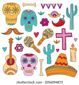 Icons of Day of the Dead, a traditional holiday in Mexico. Skulls, flowers, elements for the design. Hand drawn style