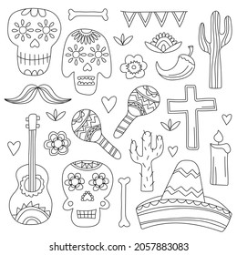 Icons of Day of the Dead, a traditional holiday in Mexico. Skulls, flowers, elements for the design. Black and white Hand drawn style