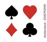 Icons deck of playing cards on white background.  Hearts diamonds clubs spades sign chips.