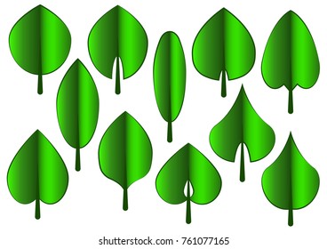 Icons of decorative stylized green leaves different shapes. Green decorative trees. Vector illustration.