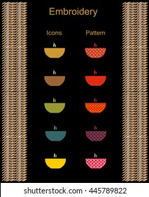 Icons deep dish soup and print ornament embroidery and knitting