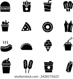Icons of delicious food and drink and its tools, black and white (pizza, burger, juice, etc.)
أيقونات للطعام و الشراب الشهي و أدواته أبيض و أسود (بيتزا برجر عصير..إلخ)