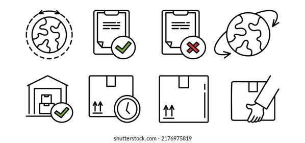 Icons Delivery Set. Simple Icon Set. The Set Includes Eight Icons: Worldwide, Successful And Unsuccessful, Point-to-point, Warehouse, En Route, Box, Box In Hand. Vector Icons