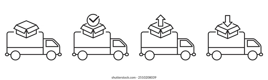 Icons of delivery trucks with different symbols like fragile boxes, upward and downward arrows, illustrating diverse delivery options