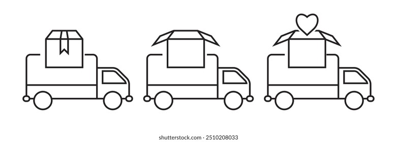 Icons of delivery trucks with a gift box, an open box, and a heart symbol, ideal for specialized delivery and gift services