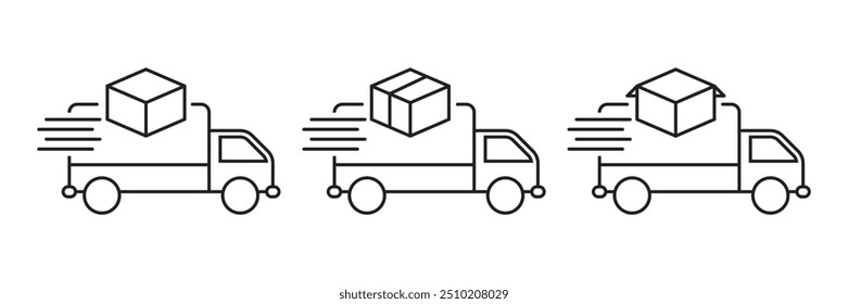 Icons of delivery trucks with motion lines and boxes, perfect for representing express, quick, and speedy delivery services