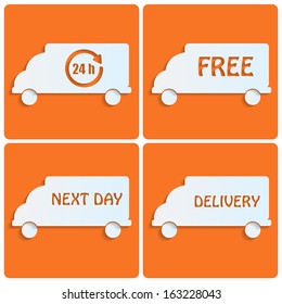 icons delivery.white cars out of paper on orange background.transport.Icons for the shop.vector