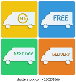 icons delivery.white cars out of paper on colorful background.transport.Icons for the shop.vector 
