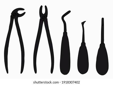 Icons of dental surgical forceps for the upper and lower jaws and elevators for tooth extraction in doodle style. 