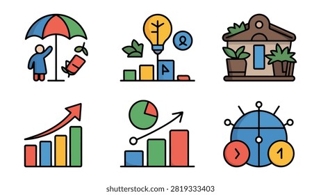 Icons depict business elements like umbrella person lightbulb house charts and robot