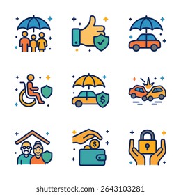 Icons depict various insurance types. Icon symbol illustration
