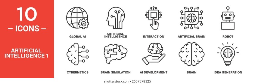 icons depicting artificial intelligence concepts, including global AI, interaction, artificial brain, robot, cybernetics, brain simulation, AI development, and idea generation.