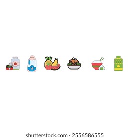 Icons depicting basic necessities, fruit, oil bottles, etc. A symbol of everyday life that supports the health and happiness of every family.