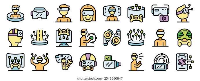 Icons depicting diverse individuals engaging with virtual reality technology, showcasing gaming, exploration, and other interactive experiences