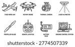 Icons depicting drone technology. Includes fixed-wing drone rotary drone thermal camera laser altimeter propeller.