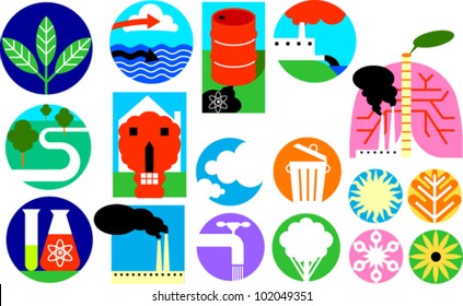 Icons depicting the environment, pollution, industrial waste, etc.