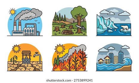 Icons depicting environmental scenes featuring industry pollution forests oceans wildfires and urban landscapes