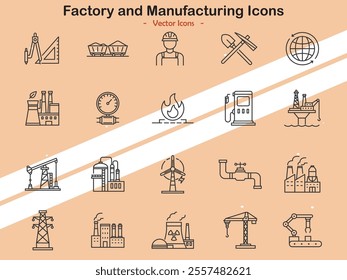 Icons depicting factory tools manufacturing processes and production symbols