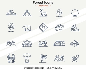 Icons depicting forest elements trees wildlife and nature symbols