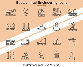 Icons depicting geotechnical tools analysis and construction elements