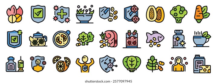 Icons depicting immune system support through healthy eating, vitamin intake, and herbal remedies, promoting increased body resistance