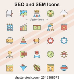 Iconos que representan estrategias y herramientas SEO y SEM.