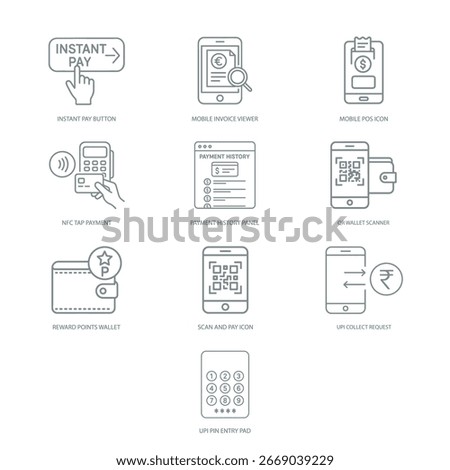 Icons depicting tools and workflows of modern mobile payment systems.