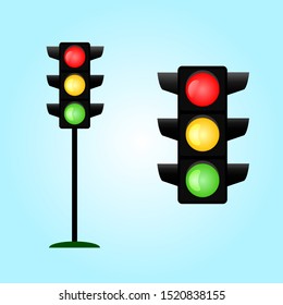 Icons depicting typical horizontal traffic signals with red light above green and yellow in between isolated vector illustration on white