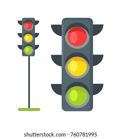 Iconos que representan señales de tráfico horizontales típicas con luz roja sobre verde y amarillo entre ilustraciones vectoriales aisladas sobre blanco