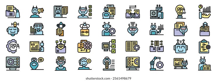 Icons depicting various aspects of robotic process automation - rpa - , including bots handling documents, analyzing data, and optimizing workflows