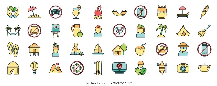 Icons depicting various vacation activities, including relaxing on the beach, camping, and engaging in water sports, while also highlighting eco conscious practices