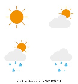 Icons describing the weather forecast. The sun. Sun with cloud. Sun with cloud and drops. Cloud  with droplet