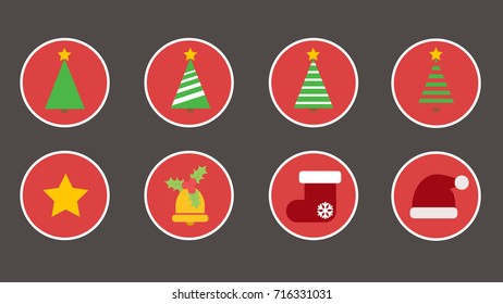 The icons design for Christmas Day which have Christmas Tree design, Star, the Bell with Mistletoe, Red sock with snow flake pattern, Red hat known as Santa hat.