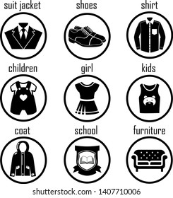 Icons for the development of sections in web design. Pictograms refer to sections of children's clothing, men's clothing and for rest in the family circle.