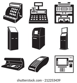 Icons of devices for money: cash register, bill counter, ATM, payment terminal, currency detector. Vector illustration