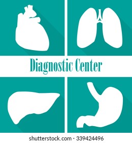 Icons  diagnostic centers in a flat design. Heart, lungs, liver, stomach