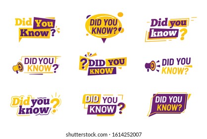 Icons for Did you know tips. Set of isolated hints with question mark and megaphone, bullhorn or speaking trumpet. Sign for tips or faq. Message label, suggestion or information, quick trick. Idea