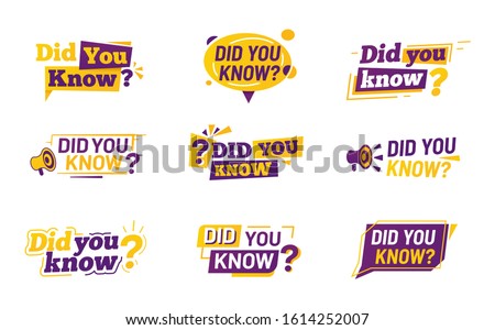 Icons for Did you know tips. Set of isolated hints with question mark and megaphone, bullhorn or speaking trumpet. Sign for tips or faq. Message label, suggestion or information, quick trick. Idea