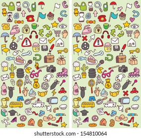 Icons Differences Visual Game. Task: find 10 differences! Solution in hidden layer (vector file only). Illustration is in eps8 vector mode!