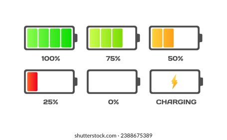 Icons of different battery levels. Flat, color, 100, 75, 50, 25, 0 percent charging icons. Vector icons