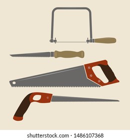 Icons of different carpentry saws. Coping saw, drywall saw, handsaw, keyhole saw.