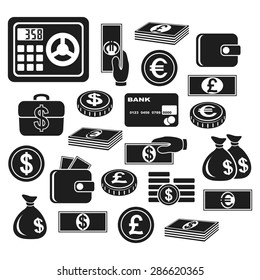 Icons of different currency and financial objects. Set on a white background.