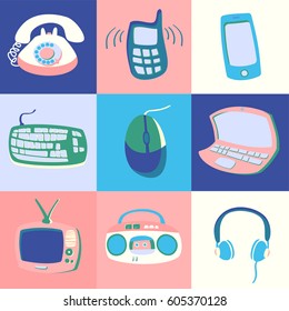 Icons of different electronics drawn in comic style. Vector small-scale elements on the colored background. Perfect for textile or book covers, manufacturing, print, scrapbooking, cartoon, invitation.