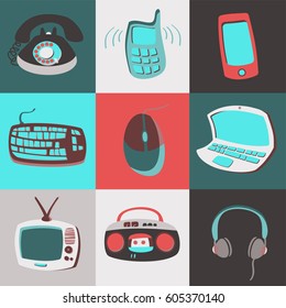 Icons of different electronics drawn in comic style. Vector small-scale elements on the colored background. Perfect for textile or book covers, manufacturing, print, scrapbooking, cartoon, invitation.