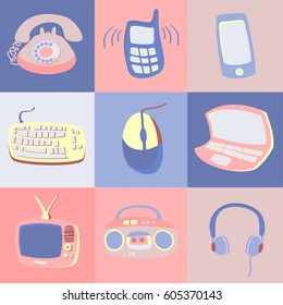 Icons of different electronics drawn in comic style. Vector small-scale elements on the colored background. Perfect for textile or book covers, manufacturing, print, scrapbooking, cartoon, invitation.