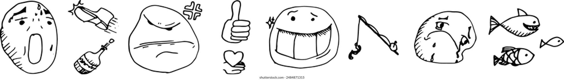 Icons of different emotions and symbols. Vector illustration.